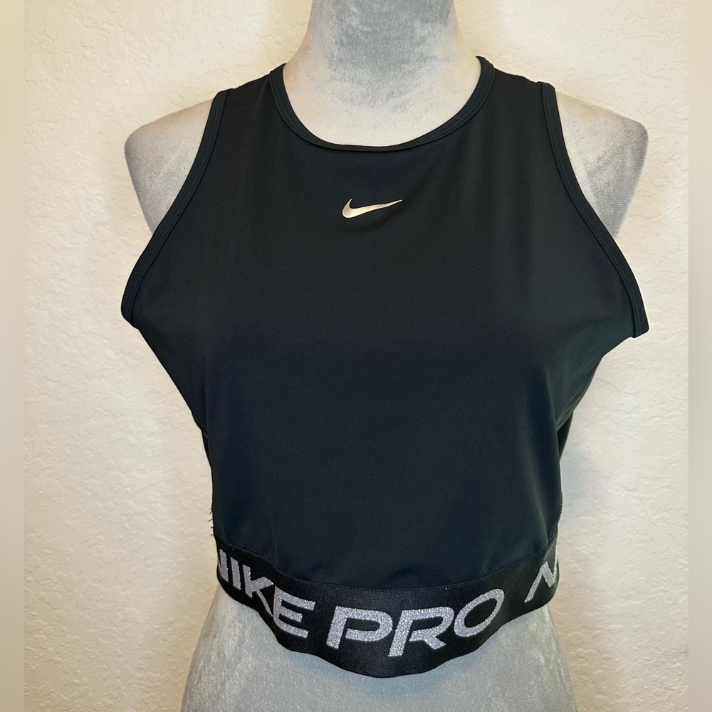 Nike Pro Dri-FIT Cropped Sparkle Training Tank Black Logo Band Athletic Women L